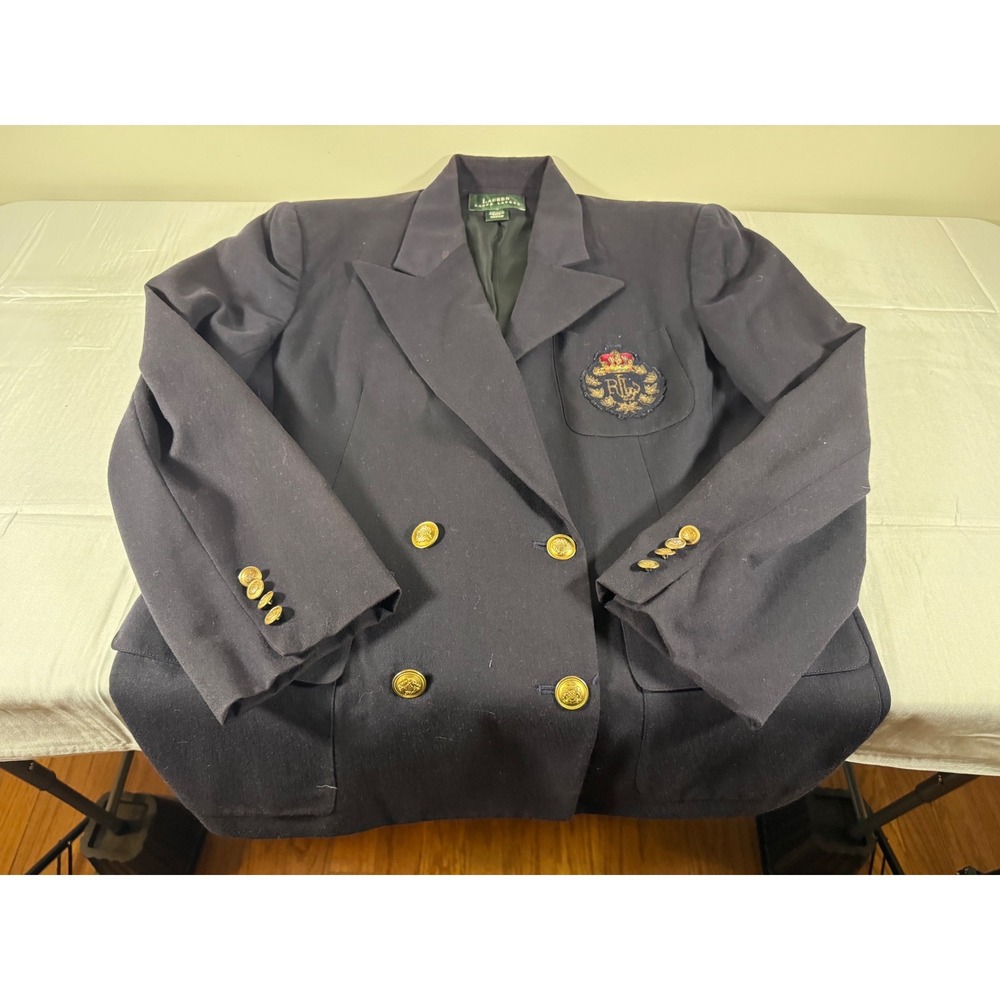 Vintage 90s Lauren Ralph Lauren Navy Blue Large Detailed Crest Blazer Size 16
